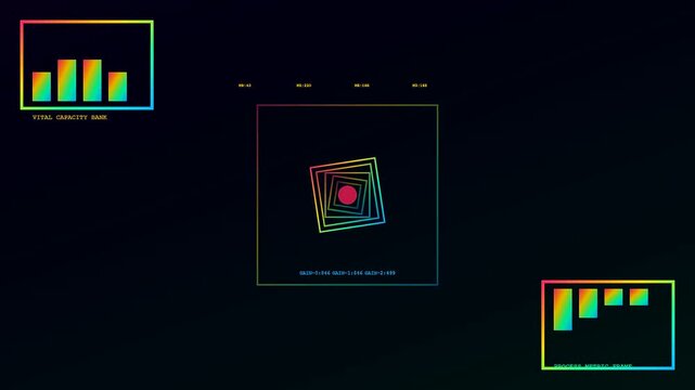 An abstract synthetic perception motion sequence displays concentric neon square frames and color bar analytics pulsating rhythmically against a dark void for digital media production work
