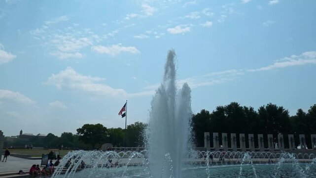 Travel and Landmarks: Close Up View of Water Jets in Rainbow Pool Fountain at National World War II Memorial in Washington DC