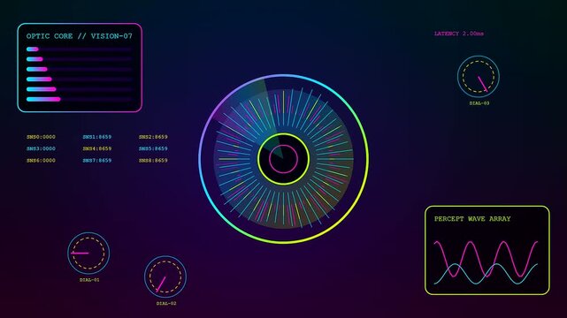 Synthetic perception displays animated on a dark screen showing complex circular rings with flickering neon light bars and oscillating wave patterns in a digital motion graphic