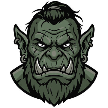 Fierce Green Orc Warrior Mascot Head Illustration with Tusks and Scars for Gaming Logo