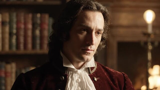 Eighteenth century gentleman looking pensive in a vintage library