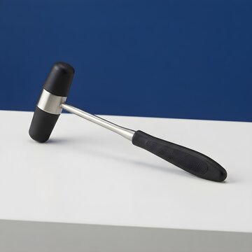 Medical reflex hammer with black rubber head, professional neurological percussion hammer on white surface, clinical diagnostic tool