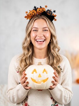 Happy young woman wearing a festive Halloween headband holding a carved white pumpkin.