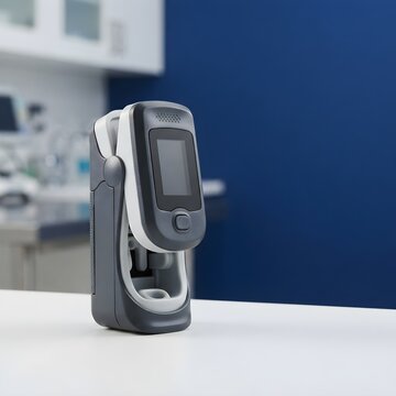 Portable pulse oximeter on medical table, digital blood oxygen monitor in clinic, healthcare diagnostic tool for heart rate