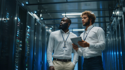 Fototapeta premium Two professional IT engineers collaborating on data center server maintenance and troubleshooting