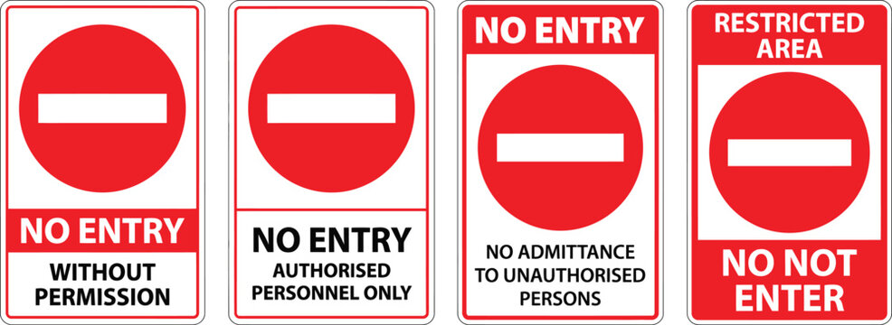 Four red and white rectangular no entry signs with various text warnings, isolated on a clean white background, for safety and compliance