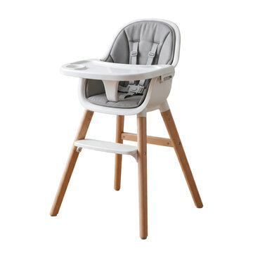 Modern baby high chair with wooden legs and grey cushion isolated on white