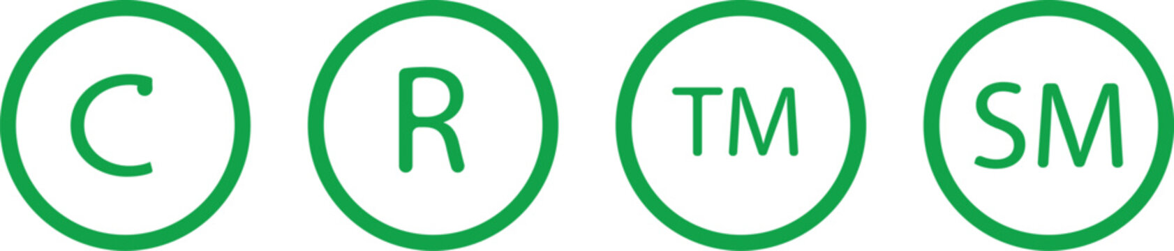 Four green circular featuring the letters c, r, tm, and sm representing copyright, registered trademark, and service mark