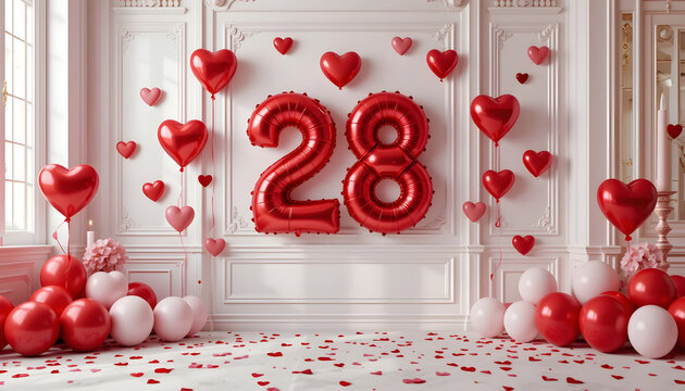 Foil balloon number twenty eight centered on white wall with red heart balloons and confetti.