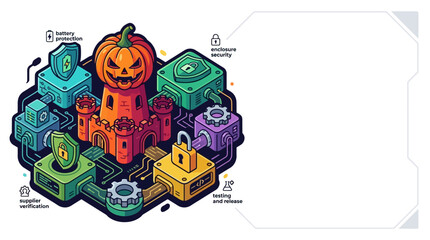 Fototapeta premium Digital Security Shield Infrastructure Featuring Central Pumpkin Castle Design for Seasonal Cybersecurity Risk Mitigation and Protection Systems