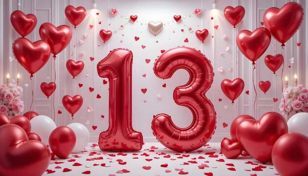 Number thirteen red foil balloon centerpiece in bright room with heart shapes and wall decor.
