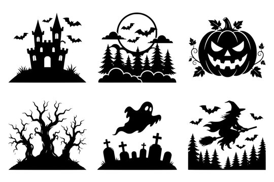 Set of spooky Halloween black silhouette illustrations with haunted house, witch, ghost, and pumpkin - design for party decorations, invitations, and apparel prints. Transparent SVG version.
