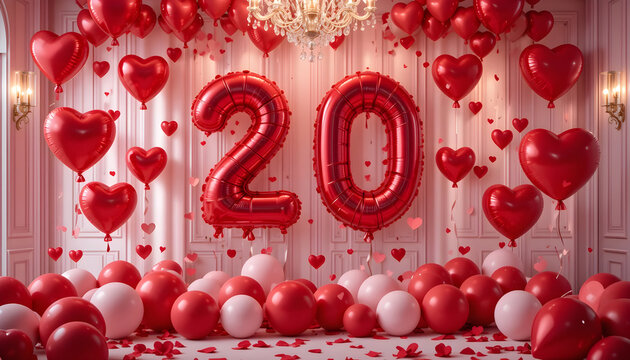 Red balloon number 20 birthday anniversary decor with floating hearts for festive party events.