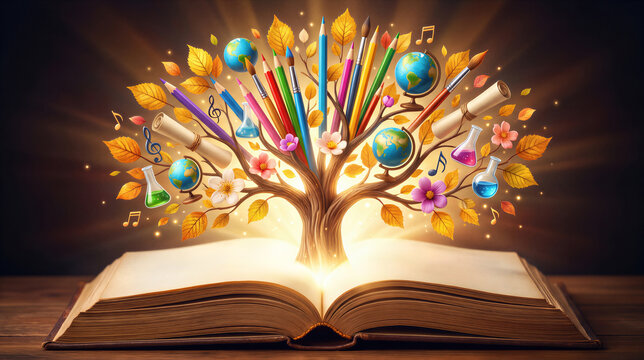 Magic tree growing from open book with school supplies and stationery. Knowledge Day celebration. Concept of education, wisdom, learning, imagination and creative study growth.