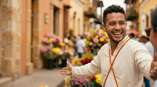 Cheerful Hispanic man welcoming with open arms on a colonial street. Happy local Latino man in traditional clothing at an outdoor flower market. Hospitality and travel concept