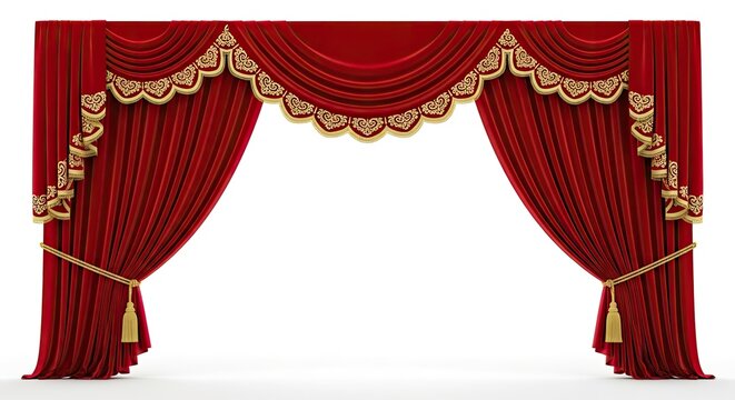 Luxurious Red Velvet Stage Curtains with Gold Trim and Tassels.