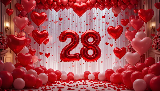 Red number twenty eight foil balloons floating in room filled with pink heart shape decorations.