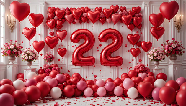 Red number twenty two balloon surrounded by floral heart decorations for anniversary party.