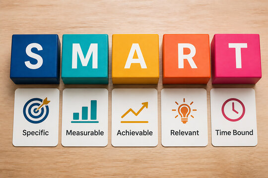 Colorful blocks spelling SMART are displayed on a wooden surface, illustrating the SMART goal-setting framework.