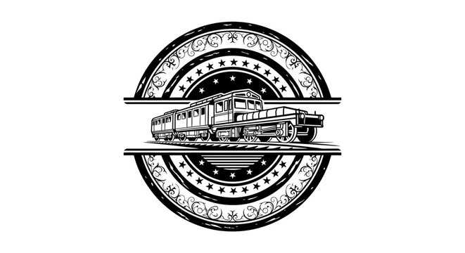 Vintage Train Emblem Illustration. Classic Passenger Locomotive on Rails within a Decorative Circular Badge Design