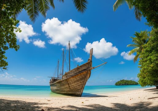 Traditional Wooden Boat Resting on a Tropical Beach Under a Blue Sky.