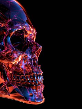 Glowing neon futuristic human skull profile in vibrant blue and orange light