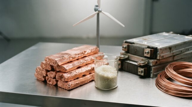 Green energy commodities with copper cathodes, lithium carbonate crystals, battery modules, copper wire, and wind turbine model