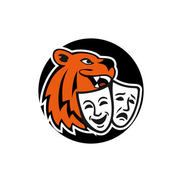 Tiger Theater Logo &ndash; Fierce Animal Mascot with Comedy and Tragedy Masks Performing Arts Emblem
