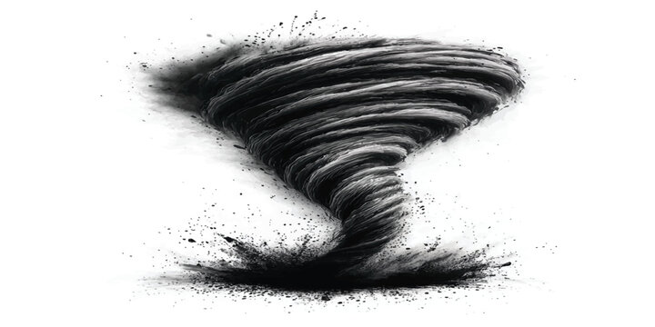 Dark black and grey abstract textured swirl tornado vortex on white background with abstract hurricane whirlwind disaster destructive particles isolated illustration atmosphere meteorology