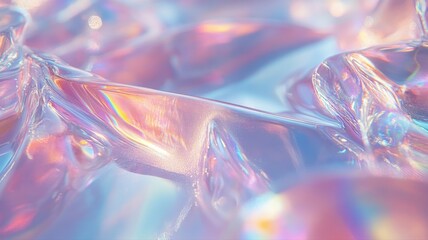 Obraz premium Close-up of iridescent, crumpled metallic foil with pastel holographic colors, abstract texture for creative design and artistic backgrounds