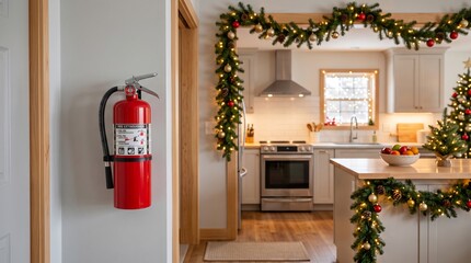 Fototapeta premium Fire extinguisher beside a Christmas decorated kitchen. Holiday home safety concept highlighting fire prevention and emergency preparedness during seasonal cooking and celebration, copy space