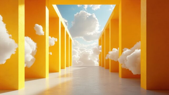 Modern architectural corridor with tall orange walls and open sky view, leading to clouds in a bright and surreal outdoor space