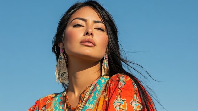 Stylish woman with long dark hair and bohemian makeup and jewelry standing against a clear blue sky, fashion, beauty, outdoor portrait