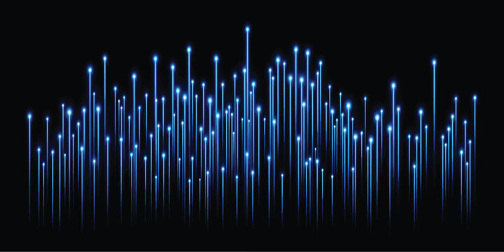 Abstract blue glowing vertical light lines and particles on black background with technology abstract particles connection vertical futuristic electronic transfer information processing