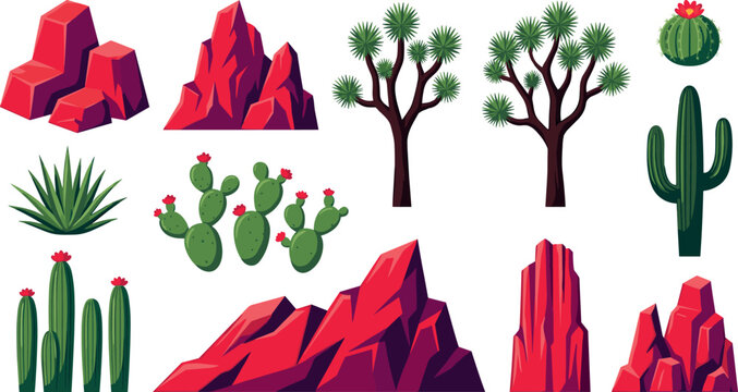 Desert nature landscape vector set with saguaro cactus red rocks joshua trees agave plants isolated on white background flat illustration