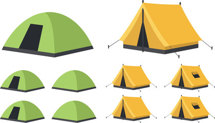 Set of camping tent vectors and outdoor tourist shelter illustrations isolated on white background for adventure design elements © tuzam