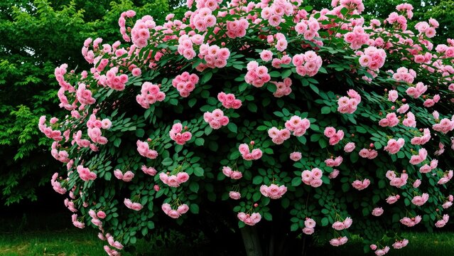 Large Pink Rododendron Bush Blooming with Many Flowers in Full Flowering Season in a Garden