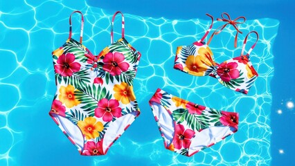 Fototapeta premium Colorful floral print one-piece and bikini swimwear set floating on bright blue pool water for summer beach vacation