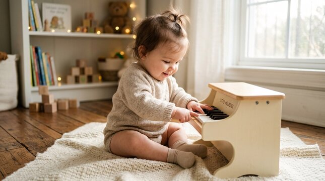 Baby girl sitting on a blanket plays a small toy piano in a cozy room.