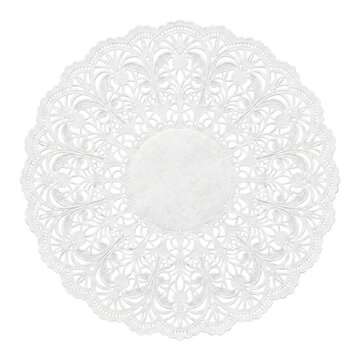 Delicate white paper doily with intricate floral lace pattern isolated on transparent background