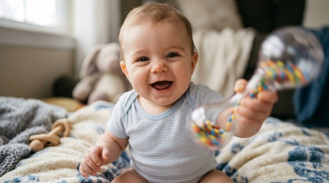 Baby smiles happily while shaking a transparent toy rattle on a soft patterned blanket.