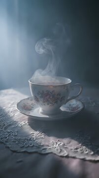 Vintage porcelain teacup with floral pattern and rising steam