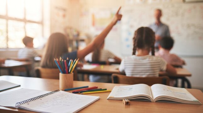 Open Textbook and Pencil Holder on School Desk with Students and Teacher in Defocused Background
