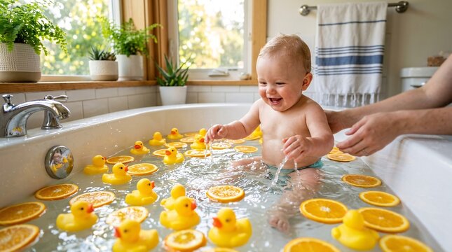 Baby plays in a bathtub filled with water, yellow rubber ducks, and fresh orange slices during bath time.
