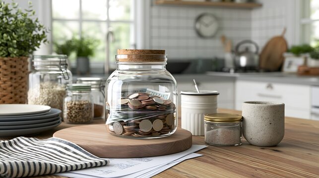 emergency fund planning concept, transparent savings container filled with coins and banknotes placed beside household essentials and financial documents, modern kitchen background, soft natural