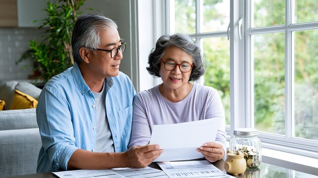 retirement financial planning concept, mature Asian couple discussing future savings beside a bright window, financial documents and savings jar on table, comfortable modern home, warm natural