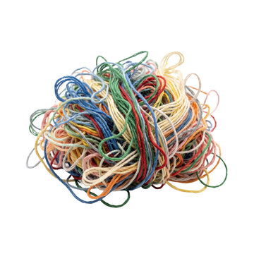 Tangled ball of colorful embroidery threads isolated on a white background