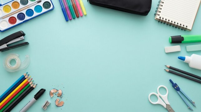 Top View of Colorful School Stationery and Art Supplies Border Around Empty Center with copy space