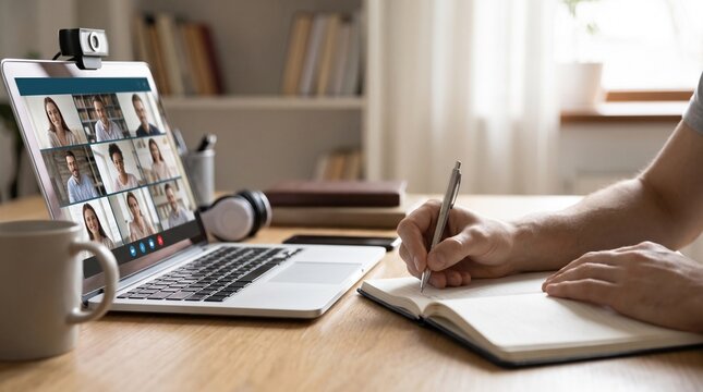 Close Up of Hand Writing Notes in Notebook During Video Conference on Laptop