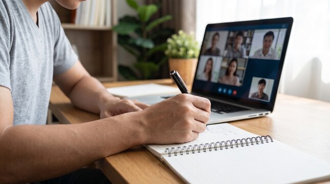 Close Up of Hand Writing Notes in Notebook During Video Conference on Laptop